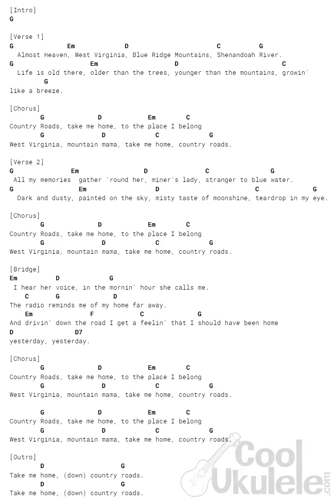 "take me home, country roads" G Major chords