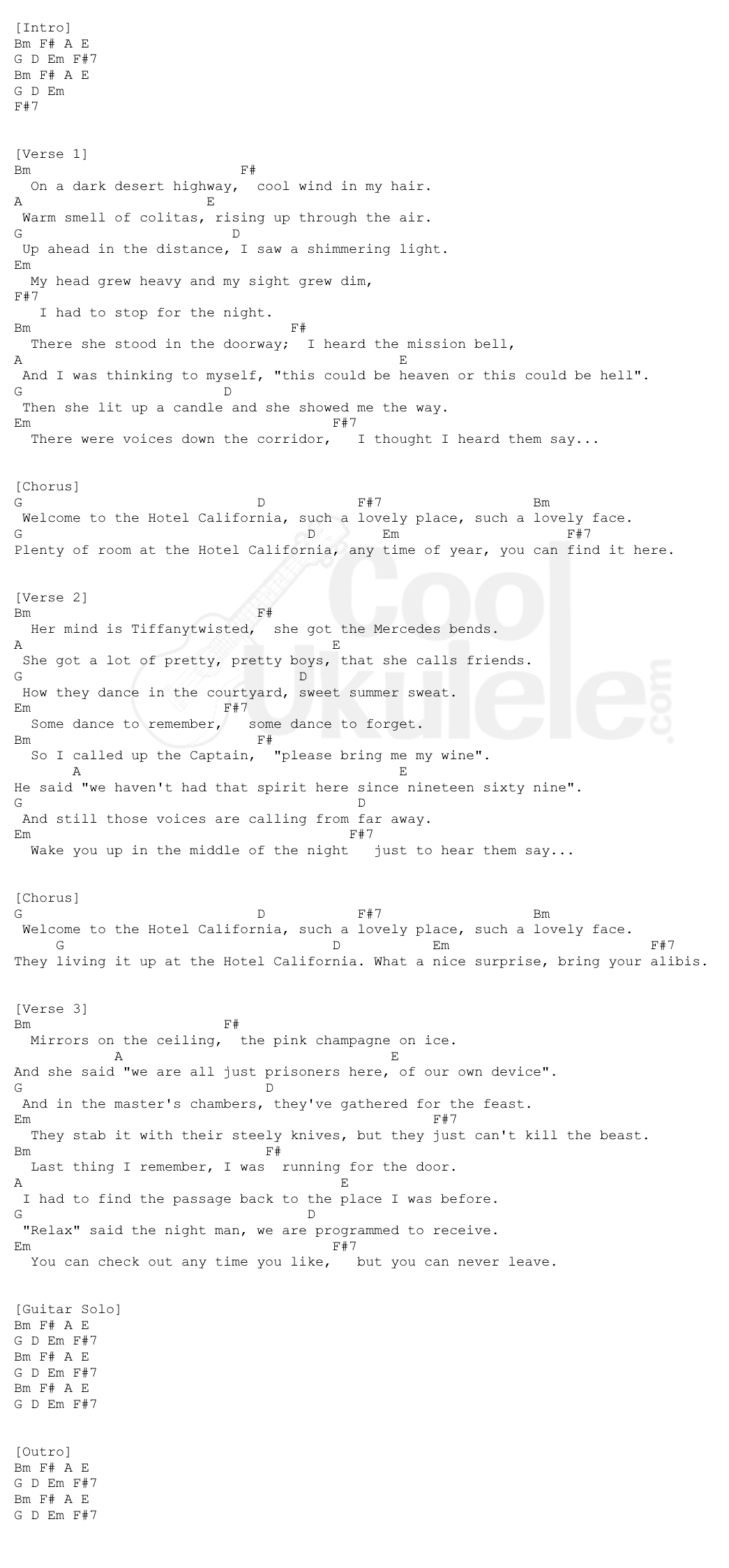 Hotel California Ukulele CHORDS The Eagles CoolUkulele Com   Hotel California Ukulele Chords Eagles 