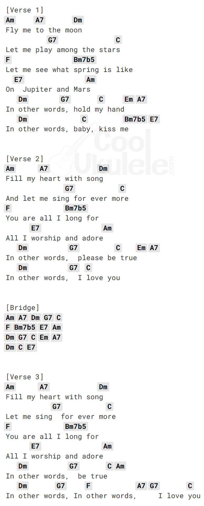 "Fly Me to the Moon" Ukulele CHORDS Frank Sinatra