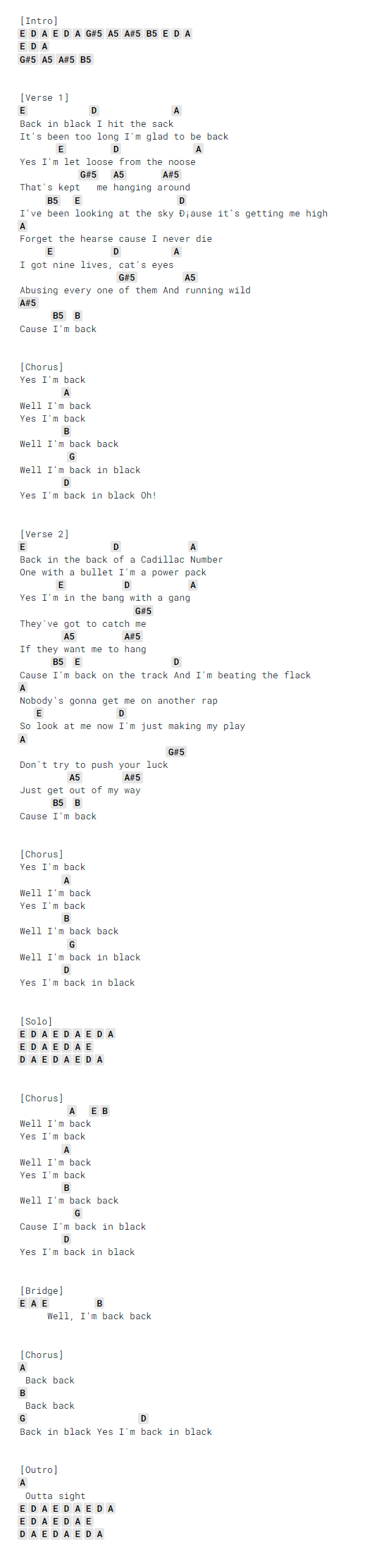 "Back in Black" Chords