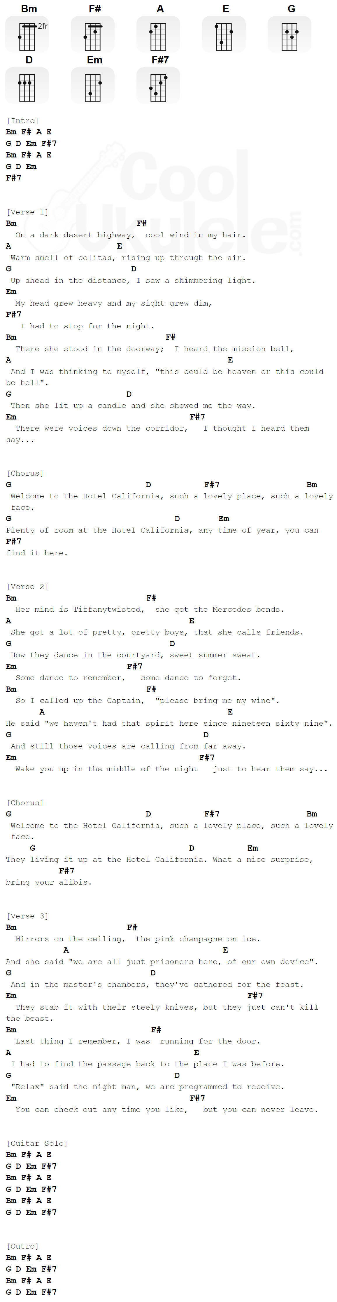 "Hotel California" Ukulele CHORDS The Eagles