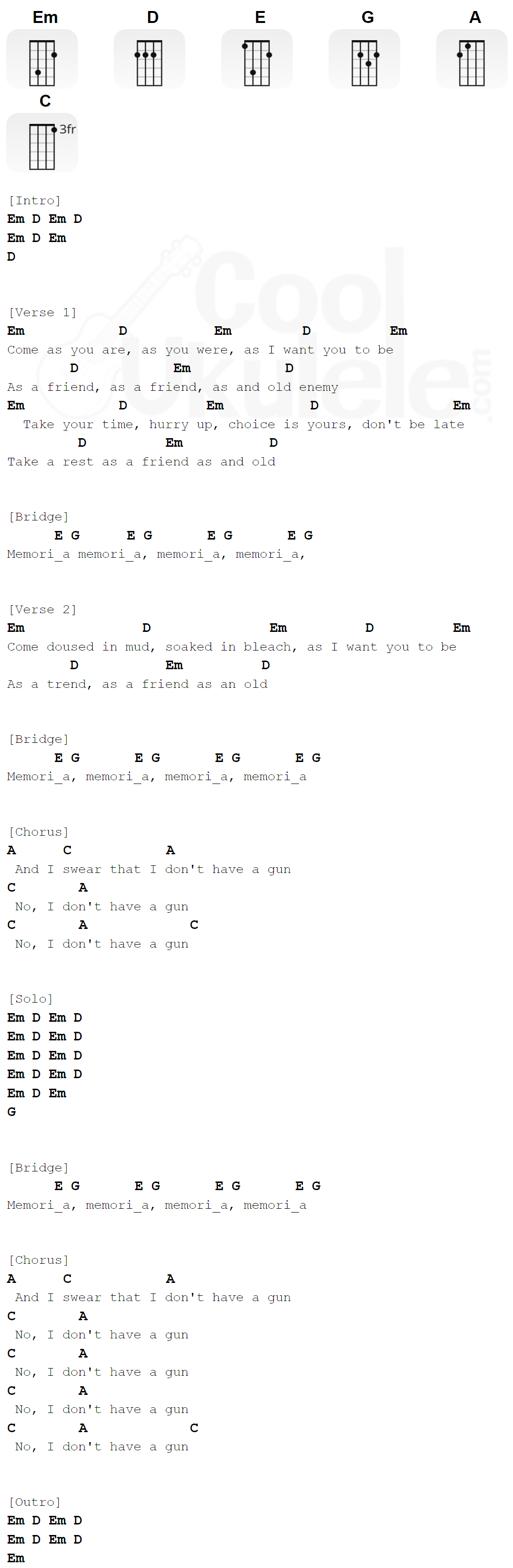 "Come As You Are" Nirvana Ukulele CHORDS