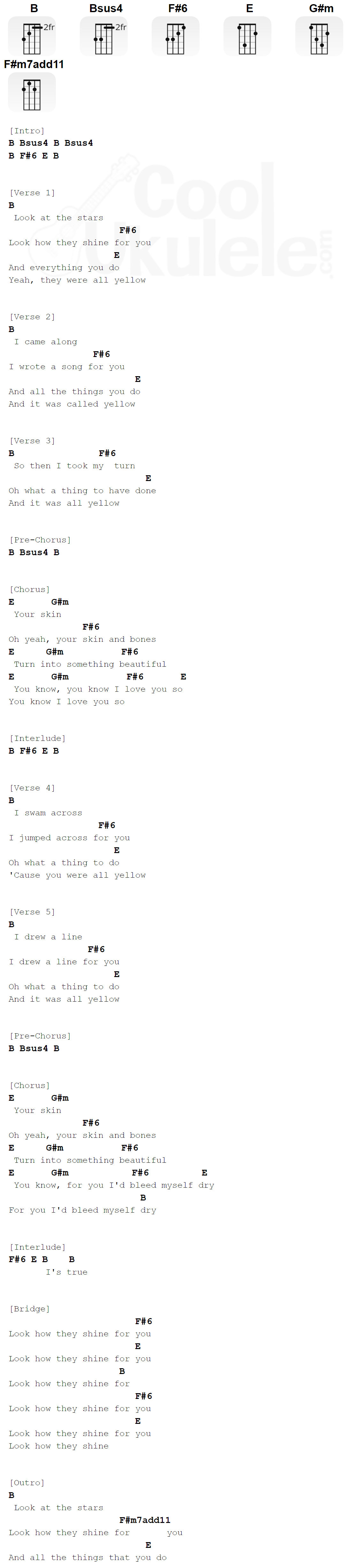 "YELLOW" Coldplay Ukulele chords